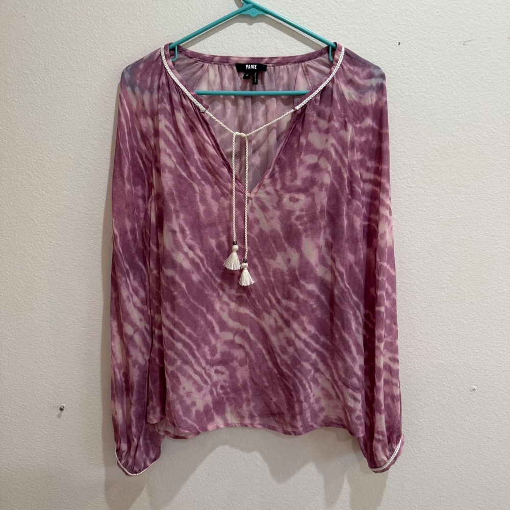 PAIGE Womens Purple Tie Dye 100% Silk Tassel V-Neck Blouse Top Size M